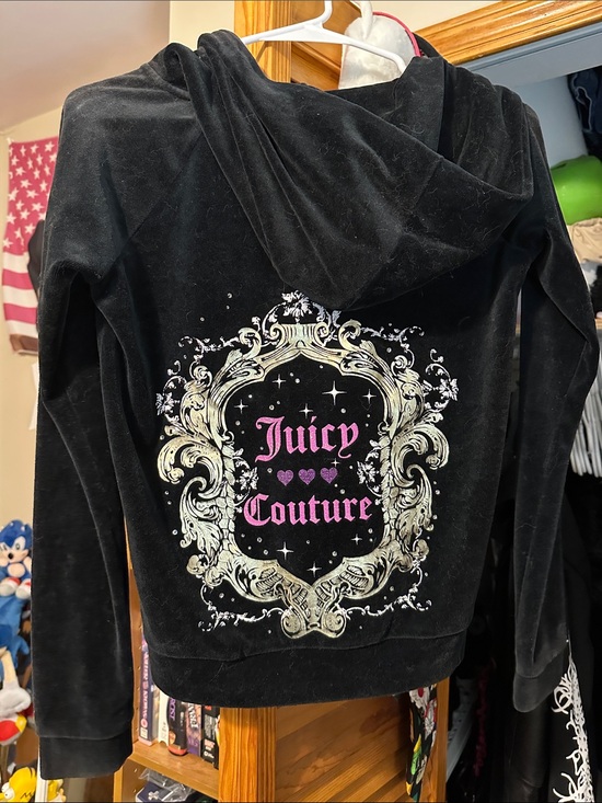 Juicy Couture Jackets & Blazers - Juicy Couture Black Velour Hoodie with Pink Logo and Cream/Gold Frame